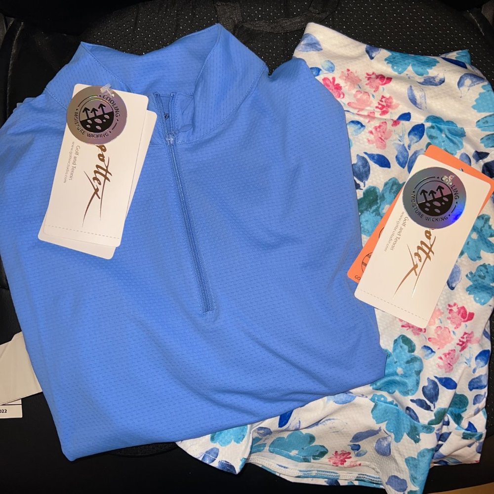 Gottex Golf Tennis Pickle Ball Women's 1/4 Zip Top & Blue Daisy Skort Small NWT